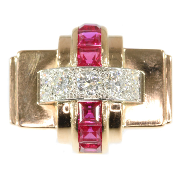 Stylish Retro Red Gold Diamond and Ruby Cocktail Ring