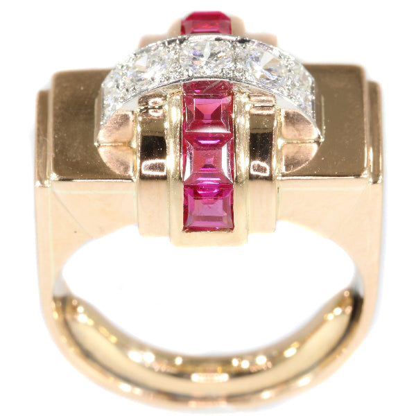 Stylish Retro Red Gold Diamond and Ruby Cocktail Ring