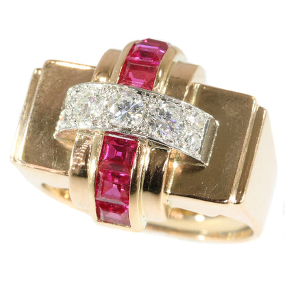 Stylish Retro Red Gold Diamond and Ruby Cocktail Ring