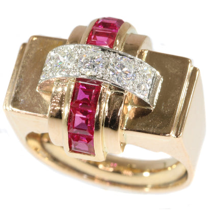 Stylish Retro Red Gold Diamond and Ruby Cocktail Ring