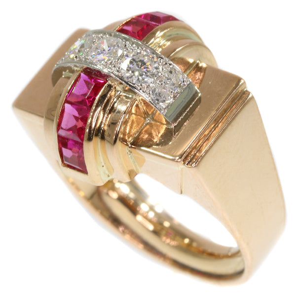 Stylish Retro Red Gold Diamond and Ruby Cocktail Ring
