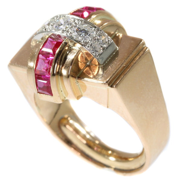 Stylish Retro Red Gold Diamond and Ruby Cocktail Ring