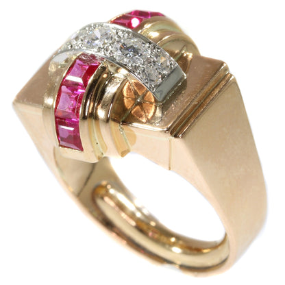 Stylish Retro Red Gold Diamond and Ruby Cocktail Ring