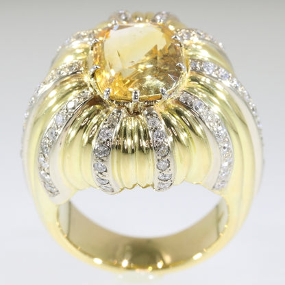 Vintage 6.56ct Certified Natural Yellow Sapphire and Diamond Gold Cocktail Ring