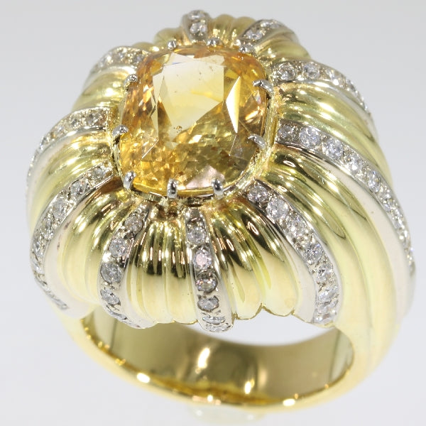 Vintage 6.56ct Certified Natural Yellow Sapphire and Diamond Gold Cocktail Ring