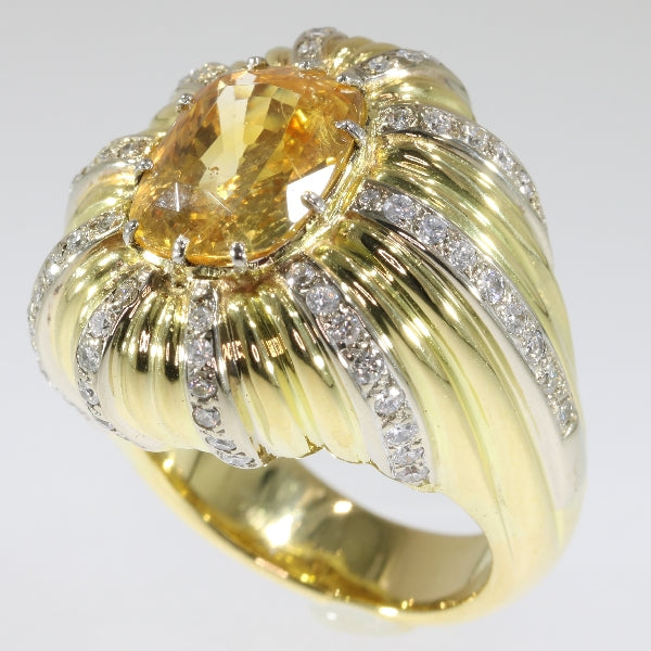 Vintage 6.56ct Certified Natural Yellow Sapphire and Diamond Gold Cocktail Ring