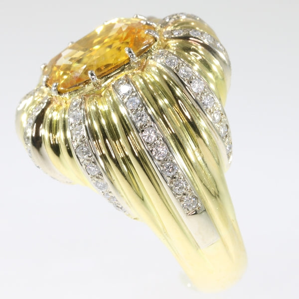 Vintage 6.56ct Certified Natural Yellow Sapphire and Diamond Gold Cocktail Ring