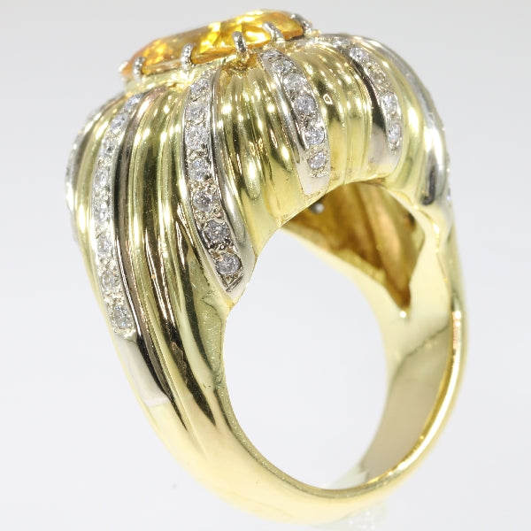 Vintage 6.56ct Certified Natural Yellow Sapphire and Diamond Gold Cocktail Ring