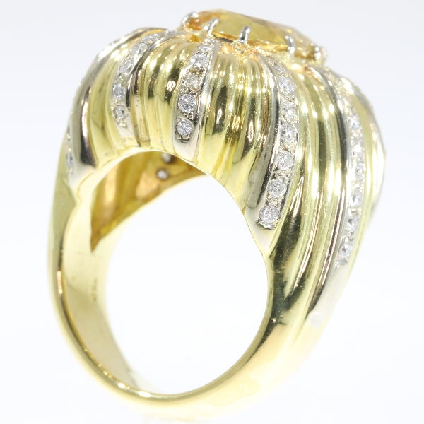 Vintage 6.56ct Certified Natural Yellow Sapphire and Diamond Gold Cocktail Ring