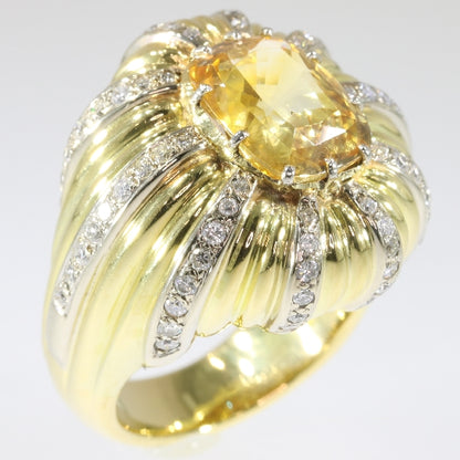 Vintage 6.56ct Certified Natural Yellow Sapphire and Diamond Gold Cocktail Ring