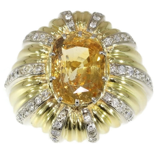 Vintage 6.56ct Certified Natural Yellow Sapphire and Diamond Gold Cocktail Ring