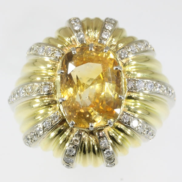 Vintage 6.56ct Certified Natural Yellow Sapphire and Diamond Gold Cocktail Ring
