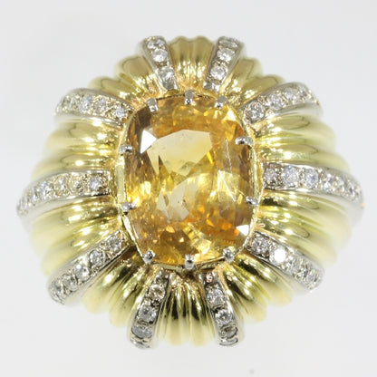 Vintage 6.56ct Certified Natural Yellow Sapphire and Diamond Gold Cocktail Ring