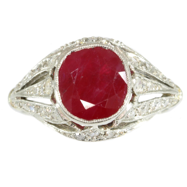 Antique Art Deco Burma Ruby and Diamond Engagement Ring, 3.19ct