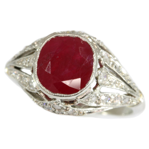 Antique Art Deco Burma Ruby and Diamond Engagement Ring, 3.19ct