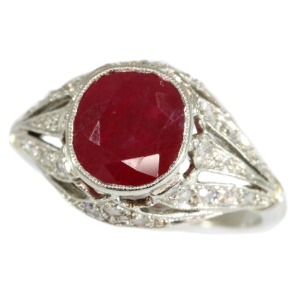 Antique Art Deco Burma Ruby and Diamond Engagement Ring, 3.19ct
