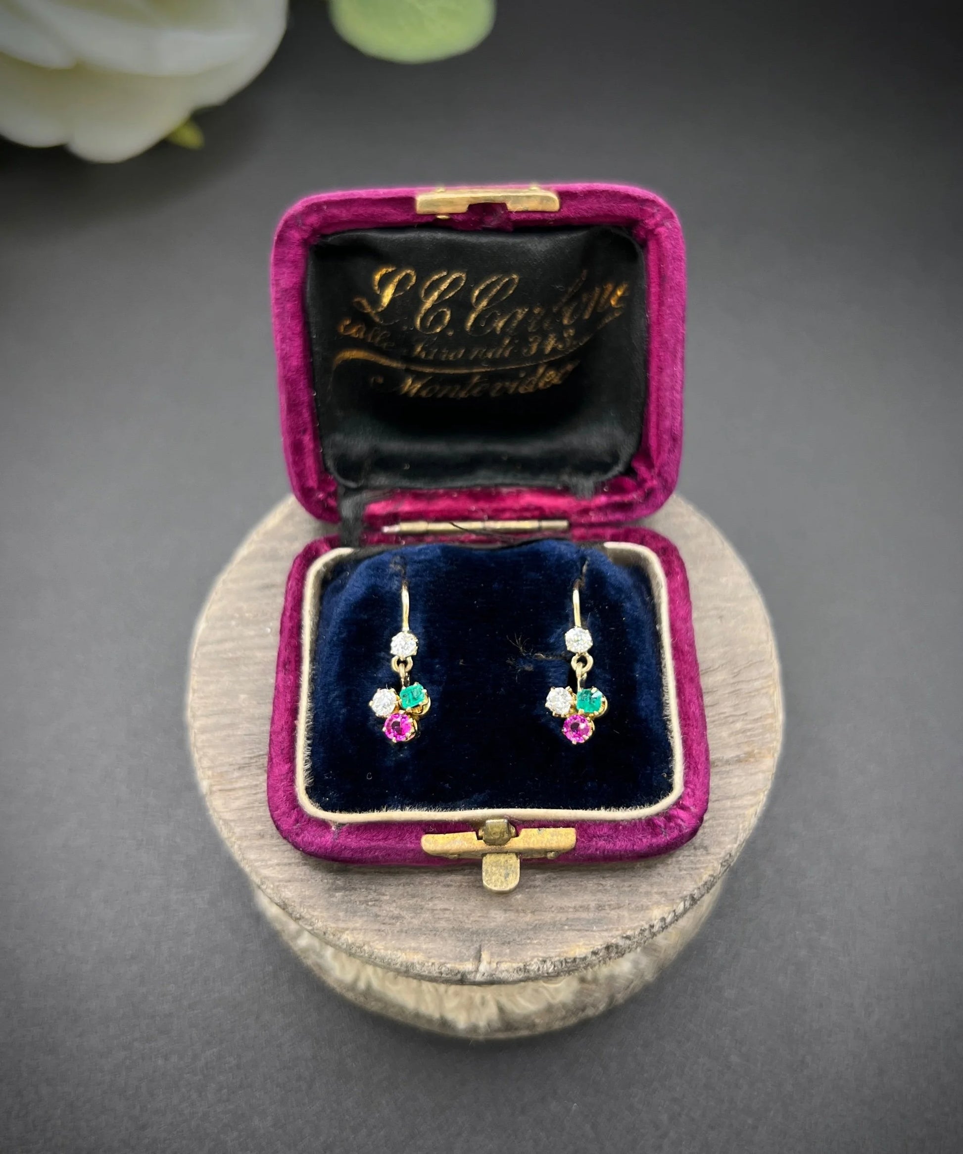Antique 15ct Gold, Edwardian era Emerald, Ruby & Diamond Clover Earrings
