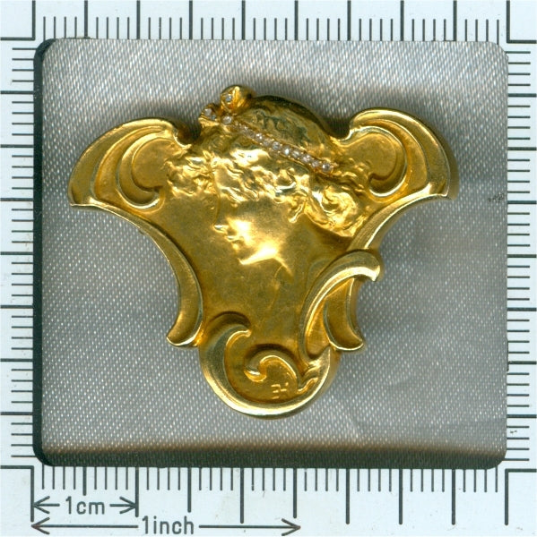 Art Nouveau Old Cut Diamond and 18ct Yellow Gold Brooch Pendant