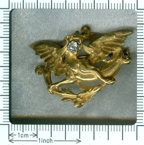 Victorian / Art Nouveau Old Cut Diamond ‘Griffin’ Brooch, 18ct Yellow Gold