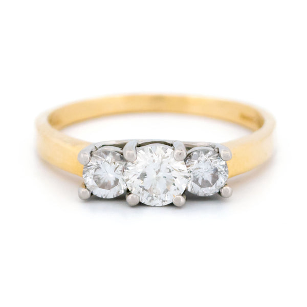 Vintage 14 Carat Yellow Gold and Platinum Diamond Trilogy Ring, 0.80 Carat