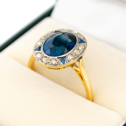 Art Deco Diamond Sapphire 18ct and Platinum Cluster Ring 16363-8820