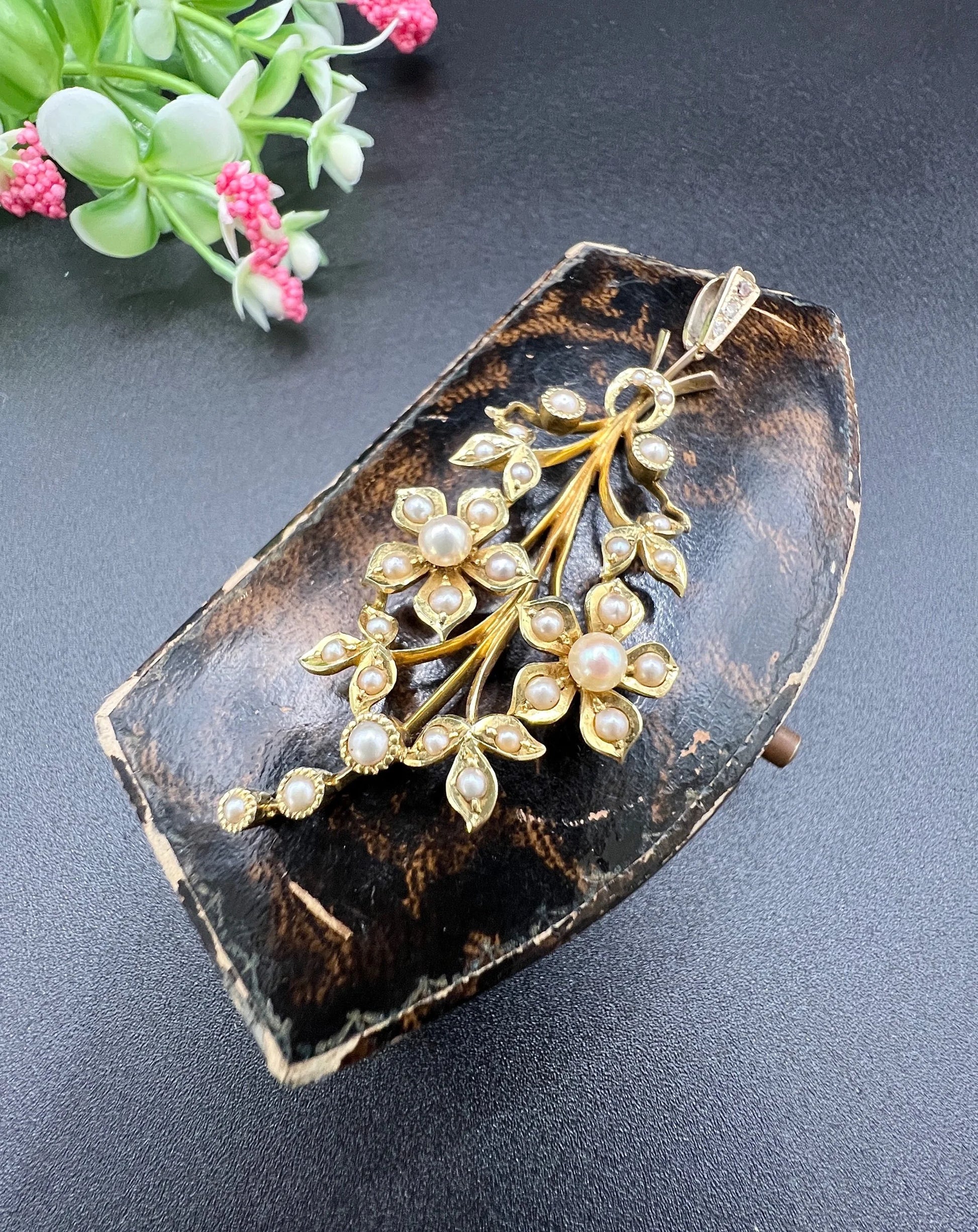 Antique 15 Carat Yellow Gold Pearl and Diamond Flower Spray Bouquet Pendant, Circa 1900
