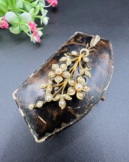 Antique 15 Carat Yellow Gold Pearl and Diamond Flower Spray Bouquet Pendant, Circa 1900