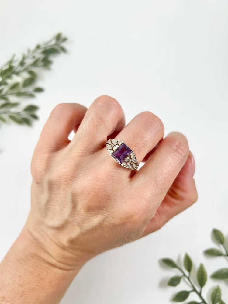 Antique Amethyst And Diamond Ring In 18 Carat Yellow Gold And Platinum