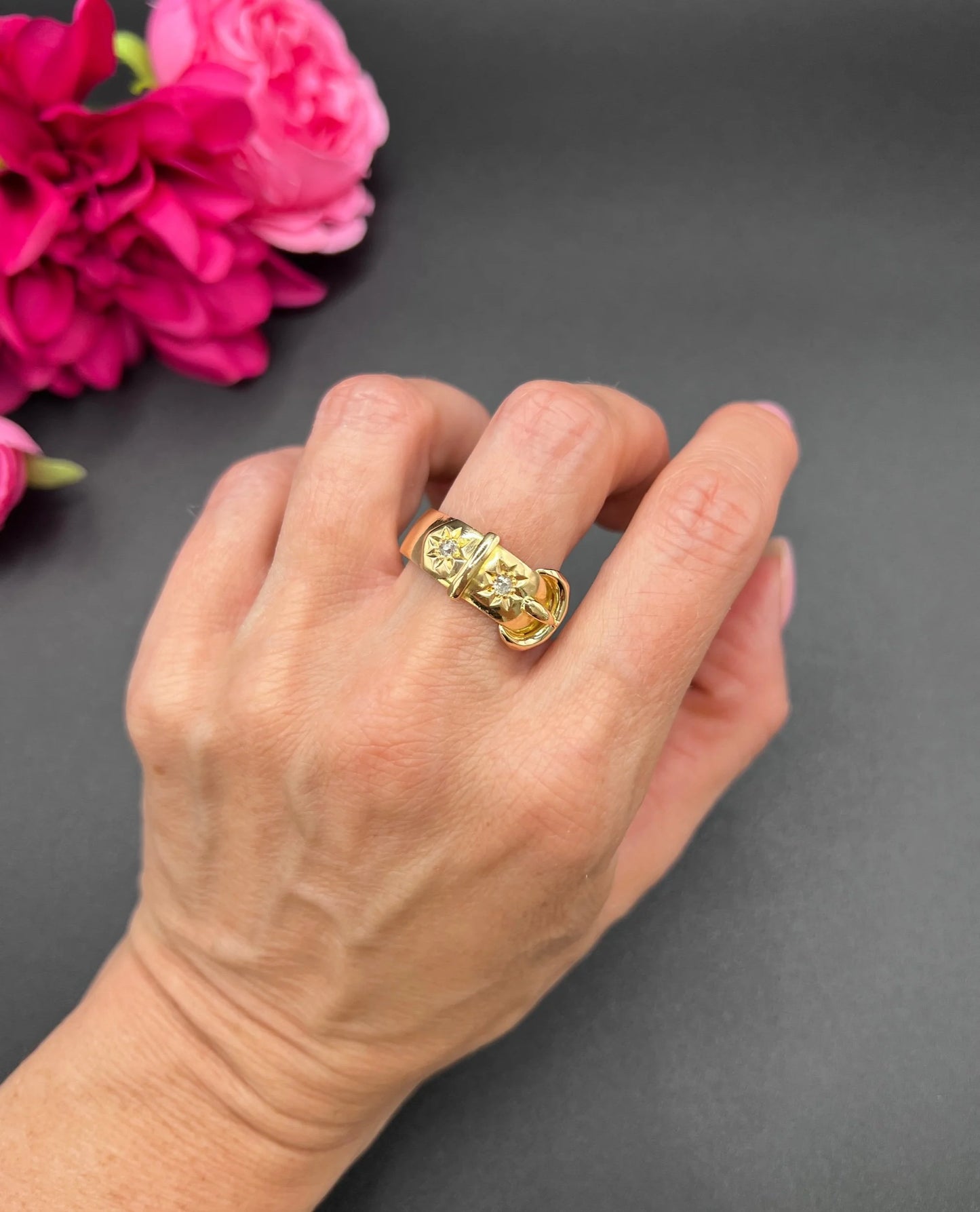 Antique 18ct Yellow Gold, Star Set Diamond Buckle/Belt Ring, Hallmarked Birmingham 1919