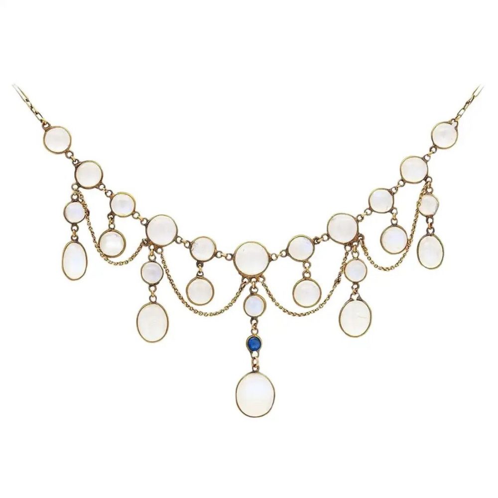 Antique Edwardian Moonstone and Sapphire Festoon Necklace