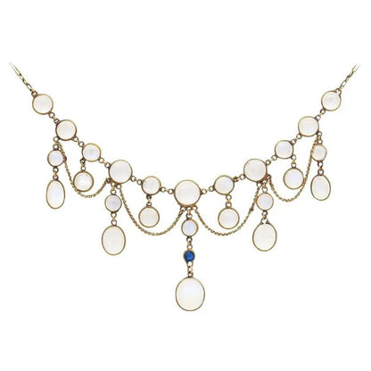 Antique Edwardian Moonstone and Sapphire Festoon Necklace