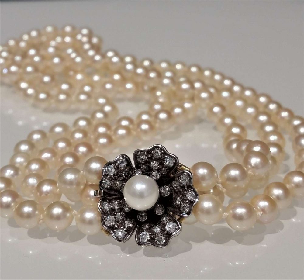 Three Row Pearl Necklace with Antique Old Cut Diamond Flower Clasp