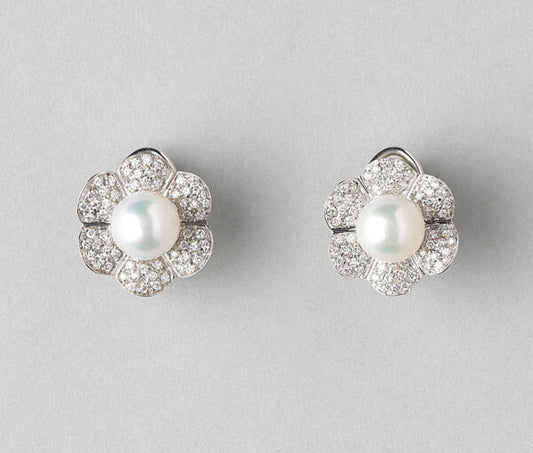 Akoya Pearl and Diamond Flower Cluster Earrings; 8.5mm Akoya pearls surrounded by 0.70cts diamond-set petals, in 18ct white gold, Italian, By Georgio Visconti