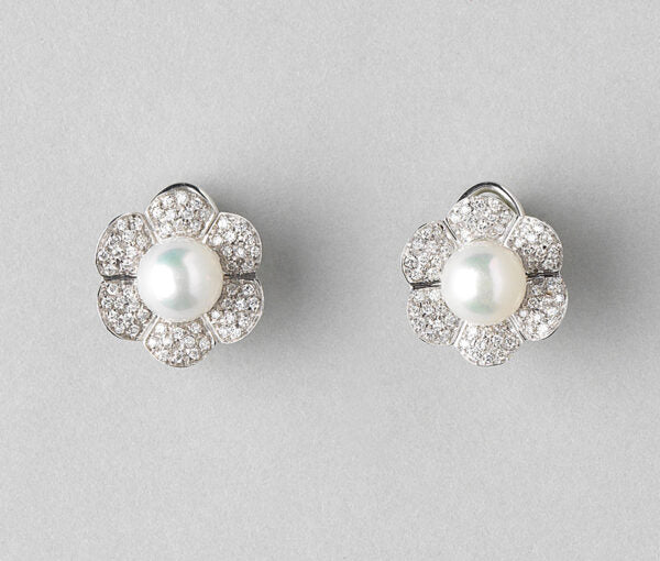 Akoya Pearl and Diamond Flower Cluster Earrings; 8.5mm Akoya pearls surrounded by 0.70cts diamond-set petals, in 18ct white gold, Italian, By Georgio Visconti