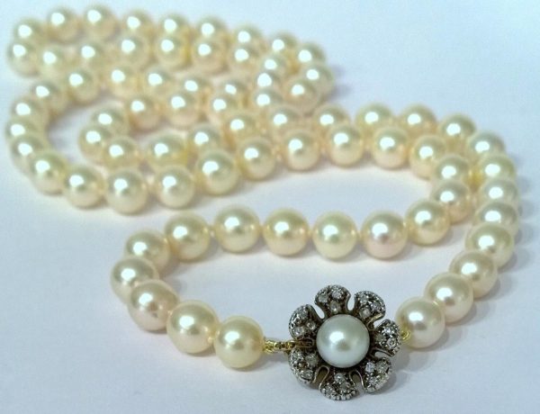 Vintage Japanese Akoya Pearl Necklace with Diamond set Clasp