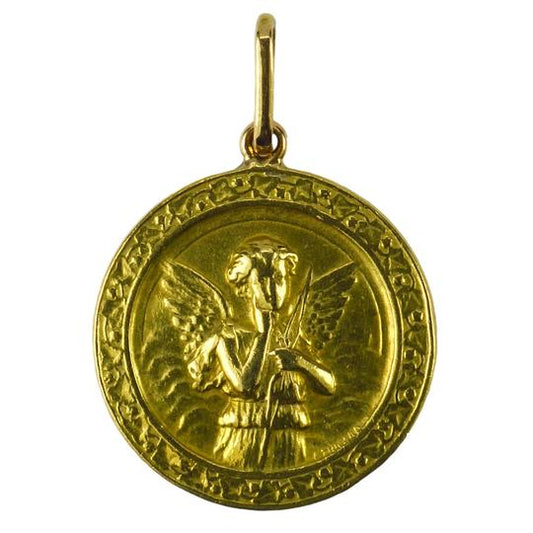 French Cupid and Lovebirds 18ct Yellow Gold Charm Pendant; depicting a thoughtful cupid with bow and arrow to one side, with a pair of lovebirds on a rose branch within a frame of ivy to the reverse, Signed L. Tricard