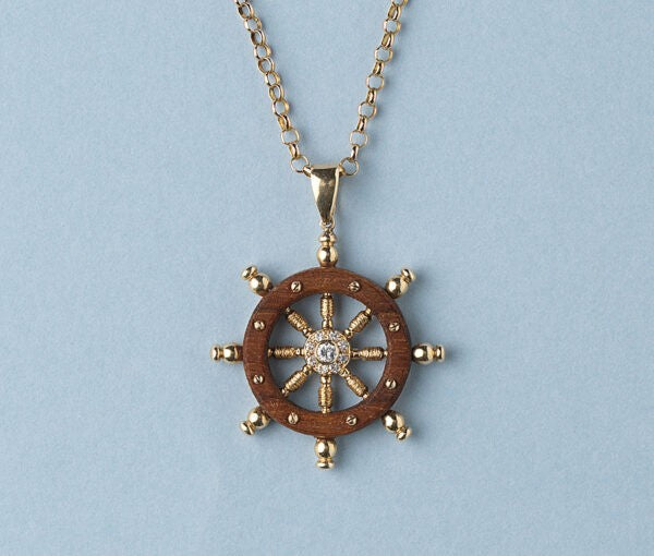 Italian Gold, Wood and Diamond Nautical Steering Wheel Pendant