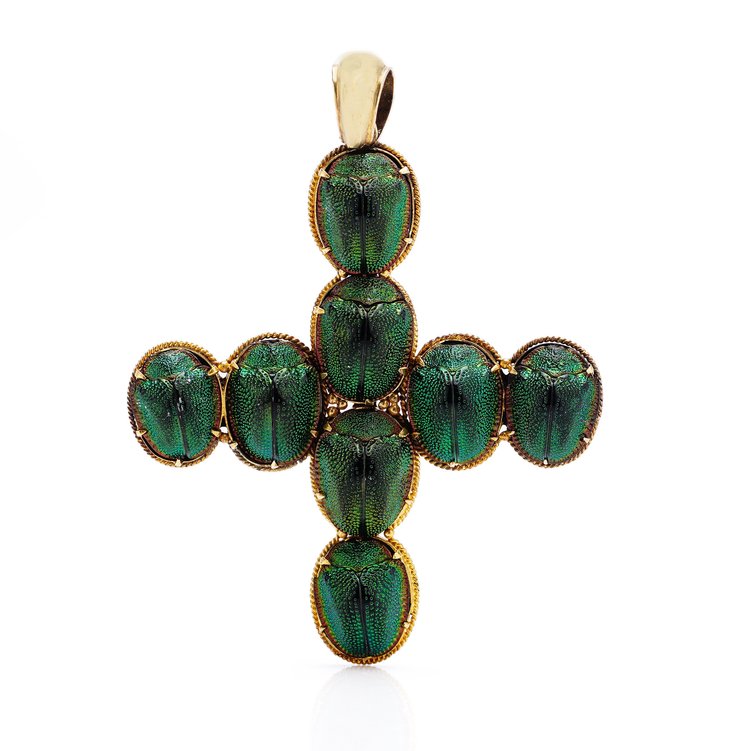 Antique Victorian 15ct Gold Cross Pendant with Taxidermy Scarab Beetle