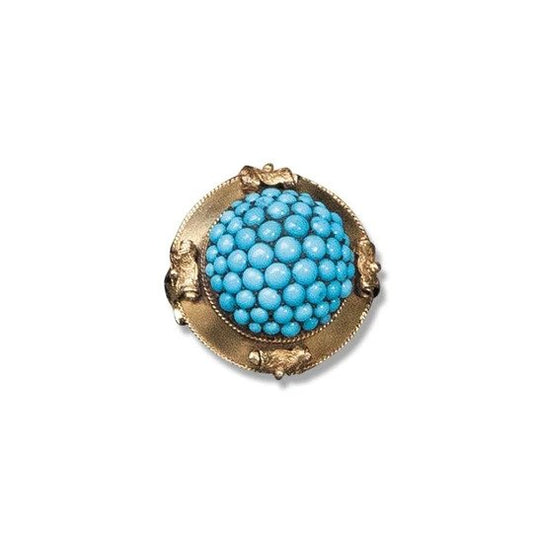 Antique Victorian Turquoise and 15ct Gold Bombe Ring; set with a vivid turquoise cluster, with pierced scroll shoulders, in 15ct yellow gold