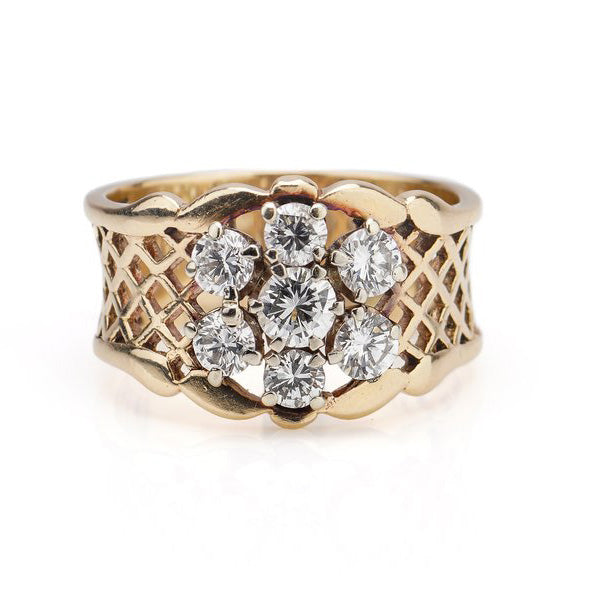 Vintage Pierced Gold Band Ring with 1.85ct Diamond Floral Cluster