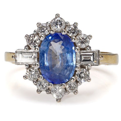 Vintage 1ct Oval Sapphire and Diamond Cluster Ring in 18ct Gold