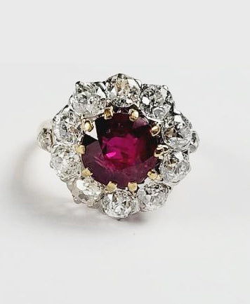 Antique French 2.80ct Natural Ruby and Old Cut Diamond Cluster Ring