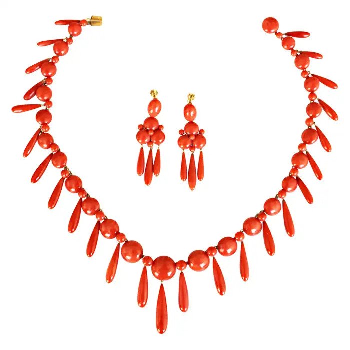 Antique Coral Fringe Necklace and Earrings Suite