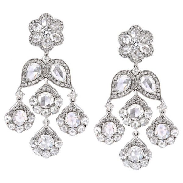Rose Cut Diamond Floral Chandelier Earrings, 7.71cts, 18ct White Gold
