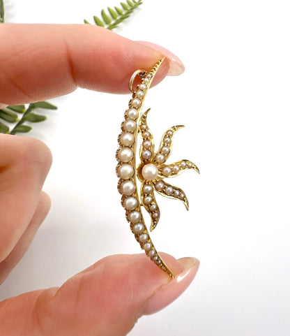 Antique 15 Carat Yellow Gold Seed Pearl Sunburst Crescent Moon Pendant, Circa 1900