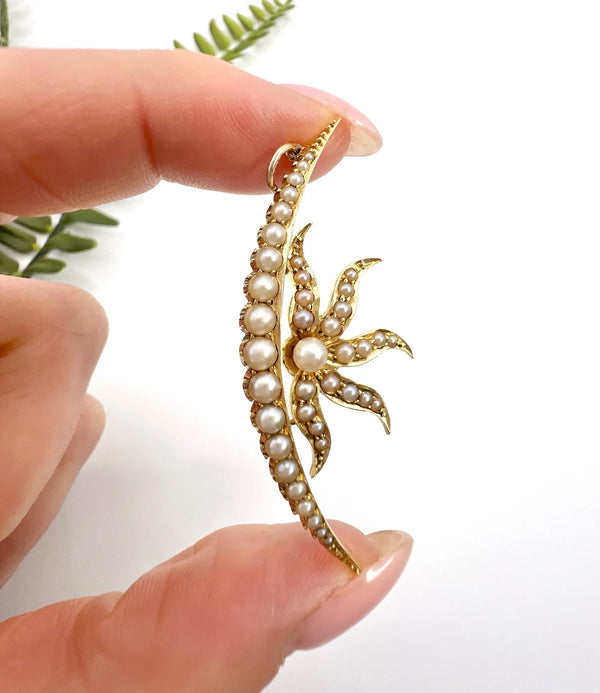 Antique 15 Carat Yellow Gold Seed Pearl Sunburst Crescent Moon Pendant, Circa 1900