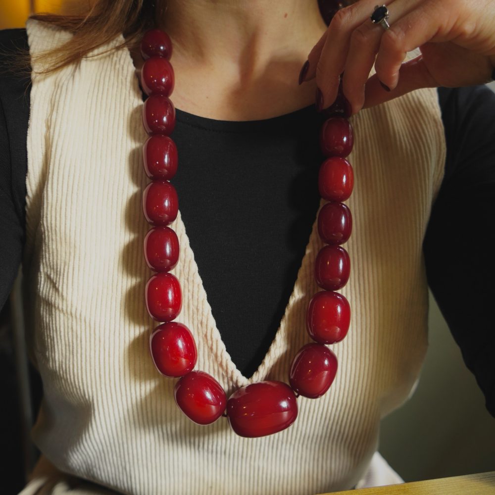 Vintage Red Bakelite Bead Necklace, graduated rich deep red beads with a high-gloss finish giving a bold statement look. Circa 1930s - 1940s