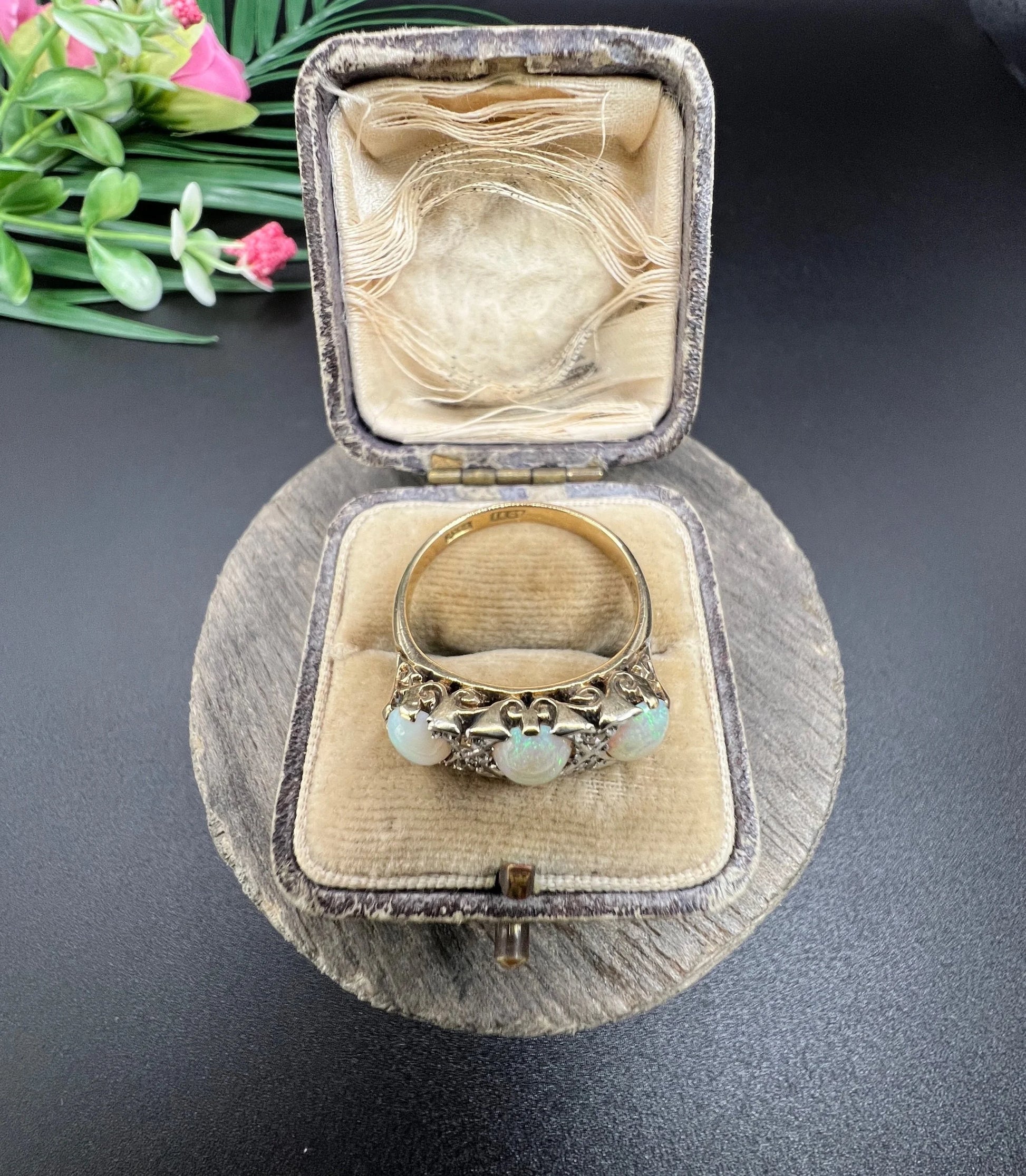 Antique 18 Carat Yellow Gold and Platinum Opal and Diamond Seven Stone Ring, Circa 1910