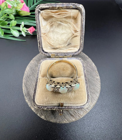 Antique 18 Carat Yellow Gold and Platinum Opal and Diamond Seven Stone Ring, Circa 1910