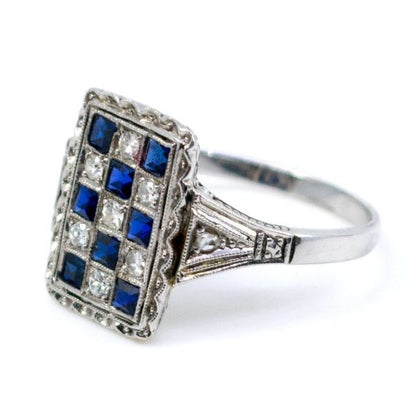 Antique Art Deco Sapphire and Old Mine Cut Diamond Ring